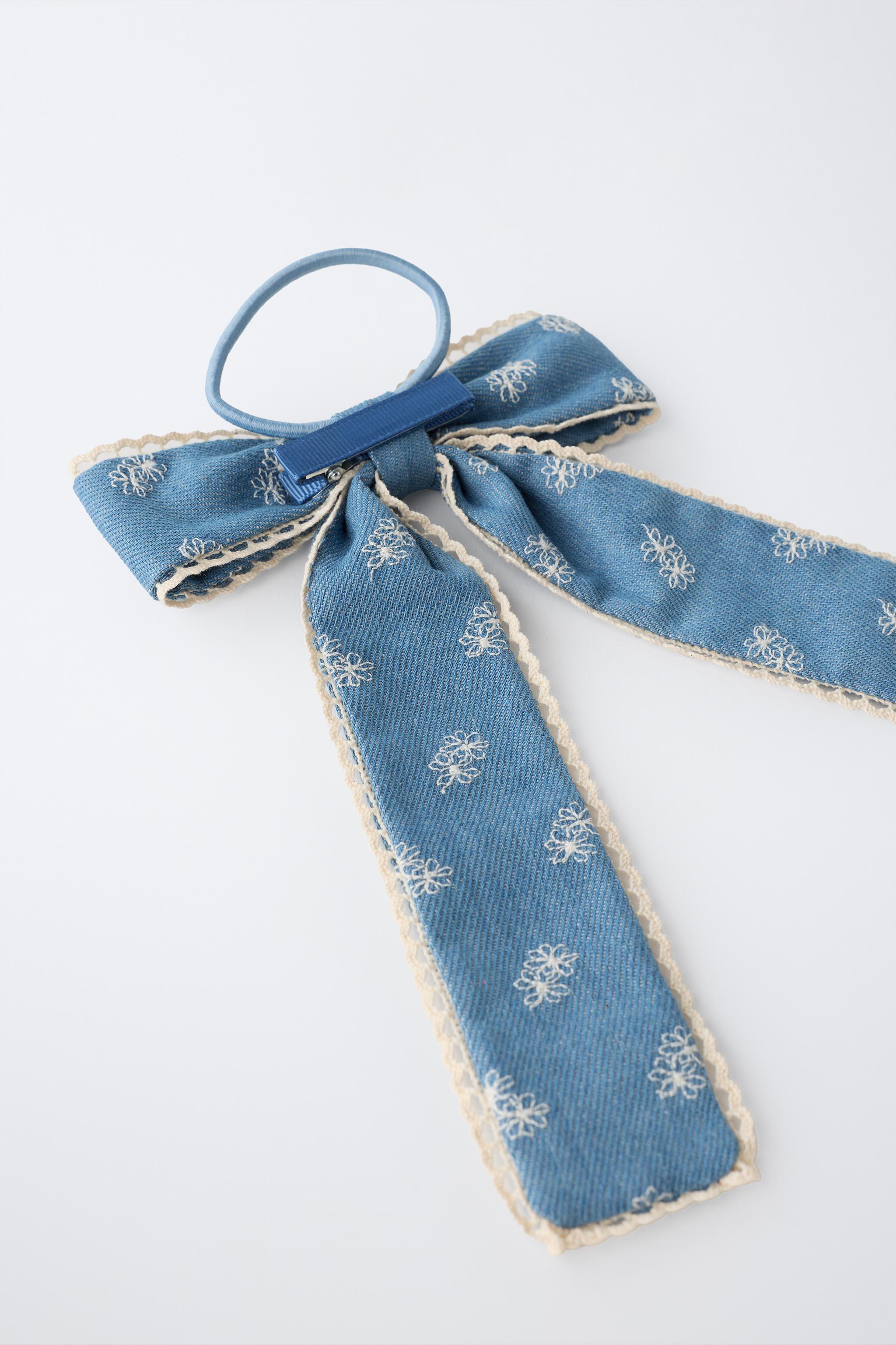 EMBROIDERED DENIM BOW HAIR CLAW